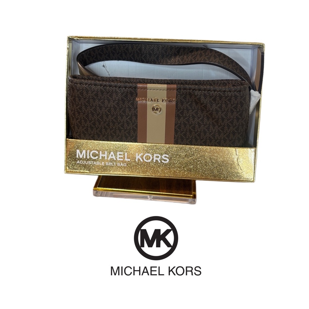 Michael Kors Monogram Crossbody Bag Brown Stripe Adjustable Belt Bag MK Signatu